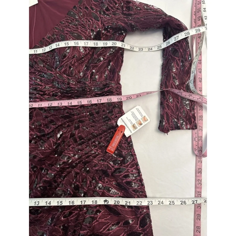NWT $698 Mac Duggal‎ [ 16 ] Long Sleeve Ruched Sequined V Neck Gown Garnet Red